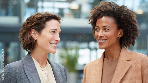 Two women engaged in conversation in a modern office setting.
