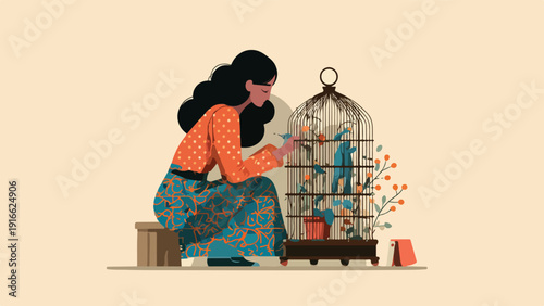A woman with flowing hair tends to birds in a decorative cage amidst berry branches