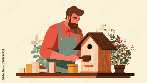 Man crafting wooden birdhouse surrounded by plants and berries