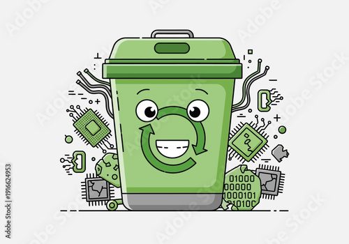 Cute Green Recycling Bin Character with Computer Parts.