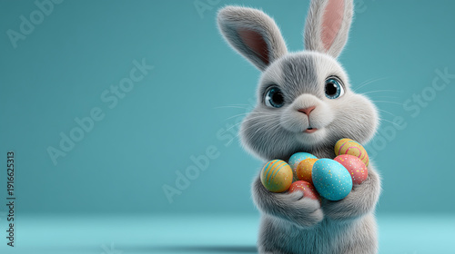 Cute 3d Easter bunny holding colorful eggs on teal background