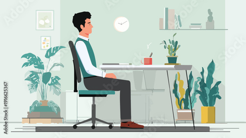 Man in office sitting at desk with plants, books, and coffee cup