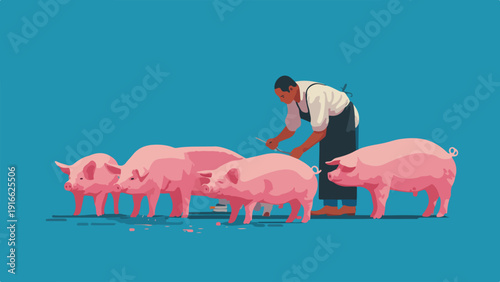 A farmer inspects several pigs, tending to them with a tool