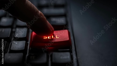 Finger pressing a glowing red SELL button on a computer keyboard for panic selling and financial crisis concept