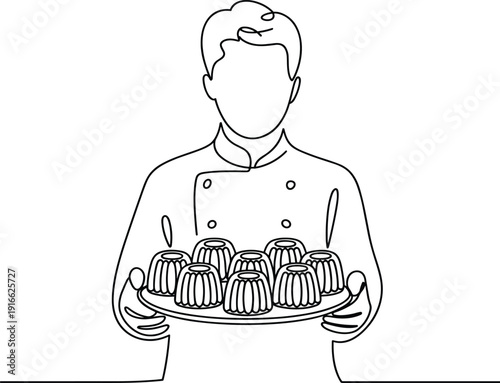 Chef holding tray of six baked puddings in ramekins uniform white chef hat desi