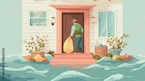 Man carries a large yellow bag out of a flood-submerged house with potted plants