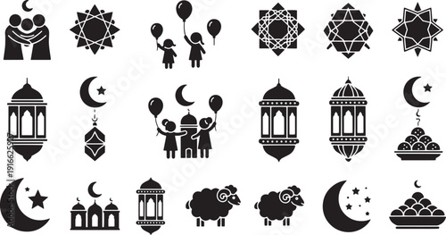 Ramadan kareem celebration icons set featuring hugging people mosque sheep balloons stars and traditional arabic sweets