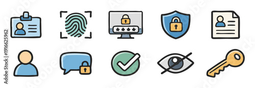 Colorful hand-drawn icon set for cybersecurity, personal data protection, identity authentication, and online privacy.