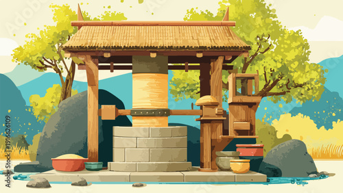 A rustic wooden wellhouse with a thatched roof, surrounded by lush trees, rocks, and water