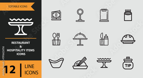 Restaurant And Hospitality Items Outline Icon Collection For Food Service Industry