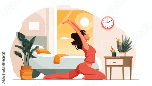 A woman performs yoga poses in her bedroom at sunrise, stretching towards the sun