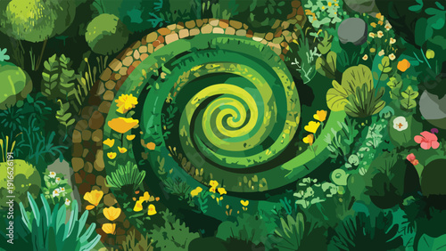 Lush green forest with a swirling path of yellow and green leading inwards