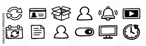 Set of hand-drawn web and interface icons in a sketchy doodle style, including user, calendar, clock, notification, and delivery symbols.