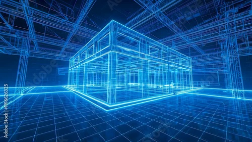 Glowing blue wireframe building model inside digital grid space with luminous architectural structure and perspective depth