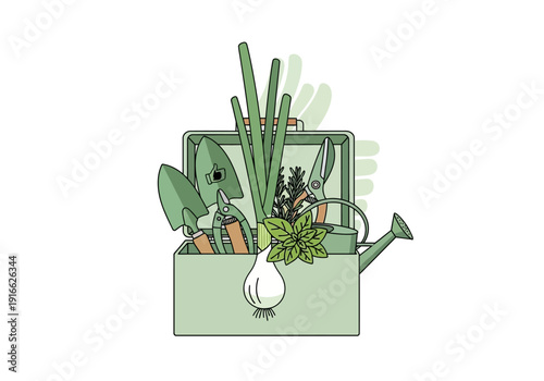 Gardening Tools and Fresh Produce in a Box.