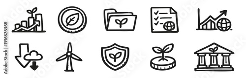 Hand-drawn doodle icons for ESG, green finance, and environmental sustainability concepts like renewable energy and carbon reduction.