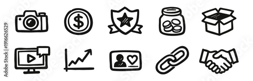 A set of 10 hand-drawn black and white business and social media icons including camera, money, growth chart, and handshake in a doodle style.