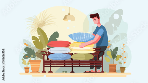 Man arranging pillows on a bench surrounded by potted plants and a hanging lamp