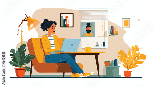 Person working on a laptop at home, surrounded by plants and home decor