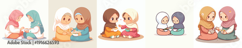 vector of a Muslim girl sharing food with a Muslim friend