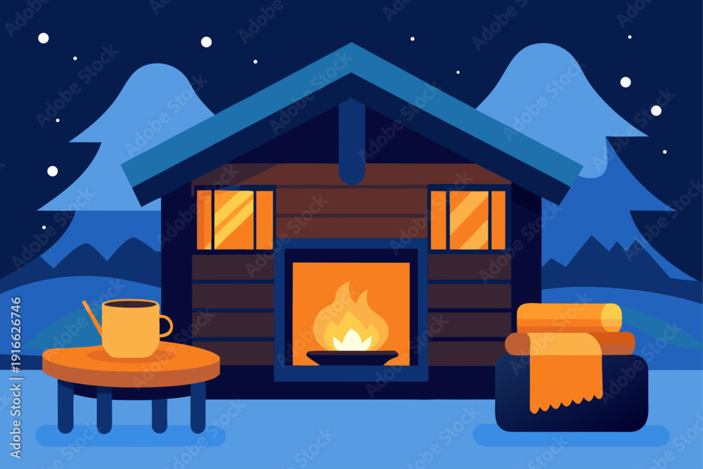 Obraz premium Cozy cabin in snowy mountains at night with warm fireplace