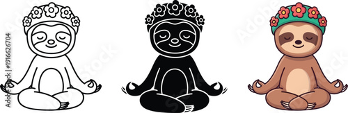 Meditating Sloth in Lotus Position with Floral Crown vector illustration