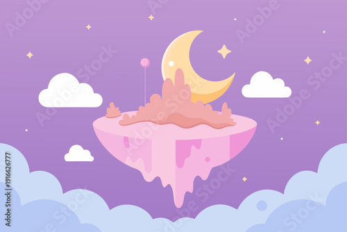 Whimsical floating island under the crescent moon