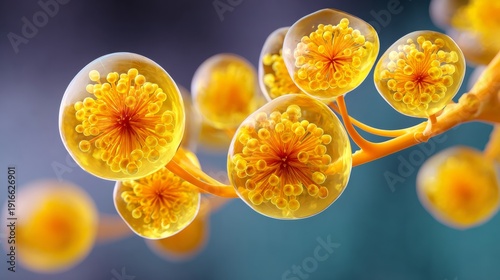 A bunch of yellow flowers are shown in a glass container. The flowers are very small and are arranged in a way that they look like they are growing out of the container. Scene is one of curiosity