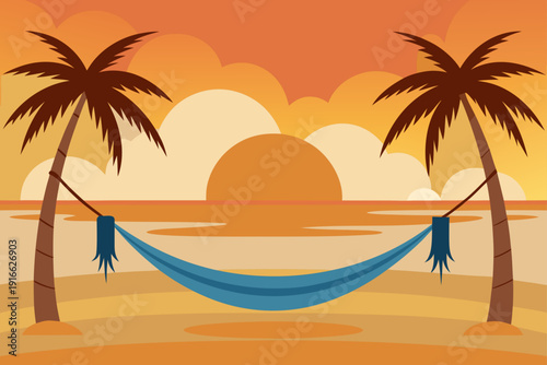Serene beach scene with hammock at sunset