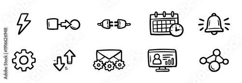 Set of hand-drawn business and technology icons including connectivity, settings, schedule, and data management in a clean doodle style.