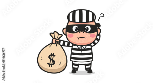 Comical cartoon illustration of a perplexed thief character with money sack
