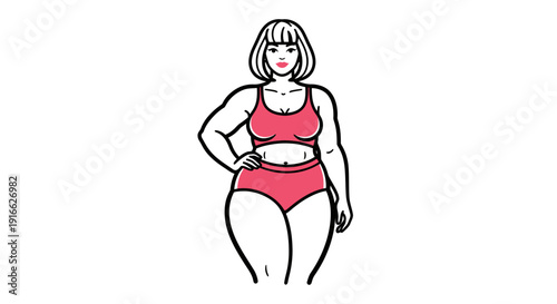 Confident woman in stylized portrait showcasing body positivity and personal style with a graphic