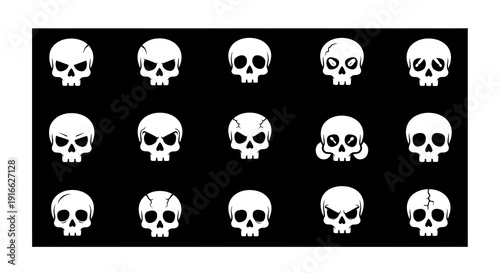 Diverse array of skull icons presented on a sleek black background aesthetic layout