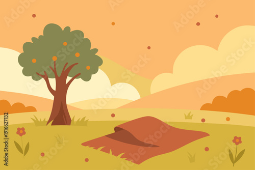 Serene landscape with tree and blanket