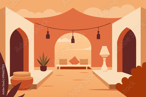 Desert courtyard with seating area and archways