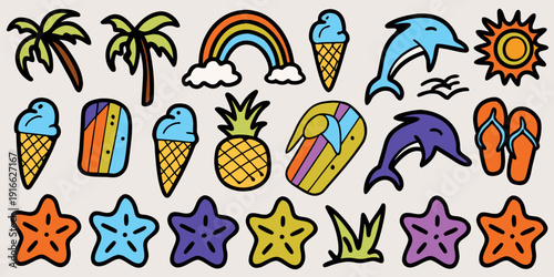 Colorful summer doodles featuring tropical elements and beach accessories
