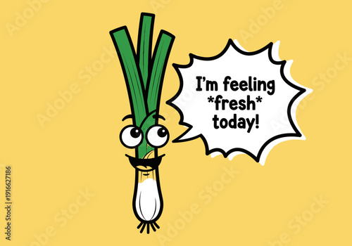 Funny cartoon leek character feeling fresh today.