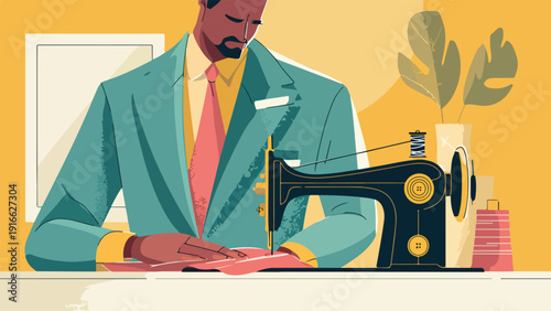 Stylized illustration of a man in a suit at a sewing machine, with plants and fabric