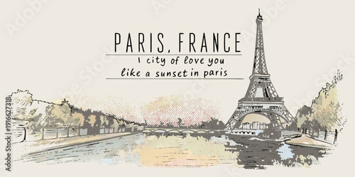 Paris France A sketch featuring the Eiffel Tower and the Seine River