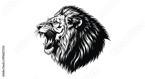 A black and white illustration of a roaring lion's head in profile.