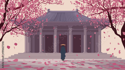Serene temple scene with falling cherry blossoms and a lone figure