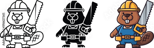 Cute Beaver Construction Worker with Saw and Hard Hat, Flat Design Vector Illustration