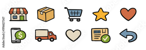 Hand-drawn e-commerce icons including delivery truck, shopping cart, mobile payment, and store symbols in a playful doodle style.