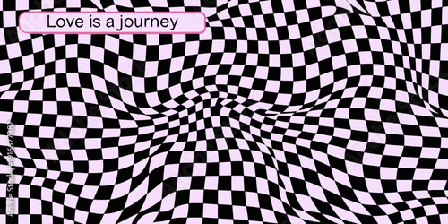 Abstract checkered background with a pink text overlay love is a journey
