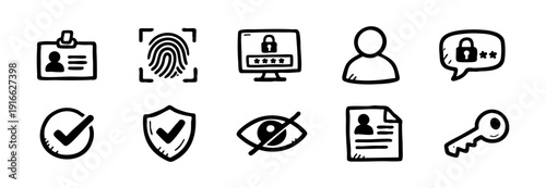 Hand-drawn security and authentication icon set featuring a fingerprint, id card, password lock, shield, and key in a doodle style.