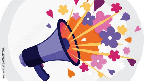 Megaphone emitting flowers, hearts, and light in flat design style