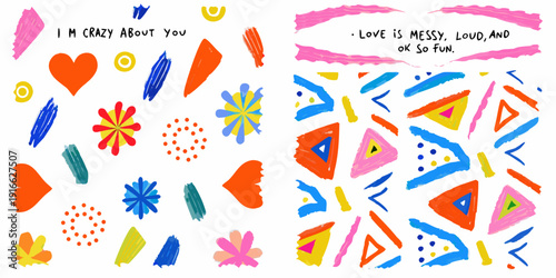 Colorful hand drawn illustrations with hearts and abstract shapes expressing love