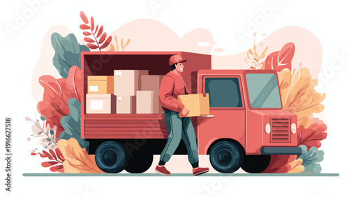 Delivery person with boxes and truck amidst stylized autumn foliage
