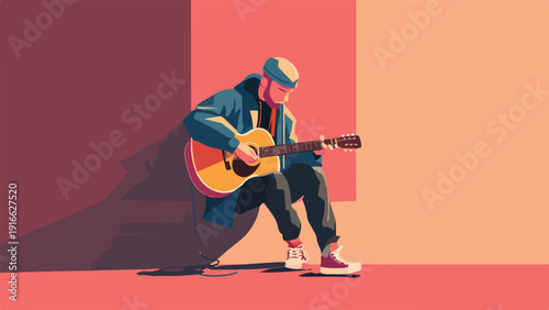 Street musician plays guitar against a colorful, abstract urban backdrop