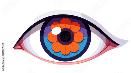 Stylized eye with orange flower iris and purple blue pupil